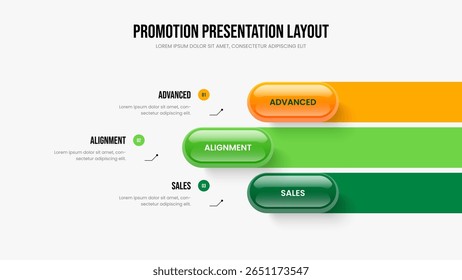 Apresentação de slides Visual Design Vetor Illustration. Modelo de Quadro de Diagrama de Três Etapas para Inovação do Projeto. Layout do Slide Infográfico da Opção 3 do Enterprise Showcase.