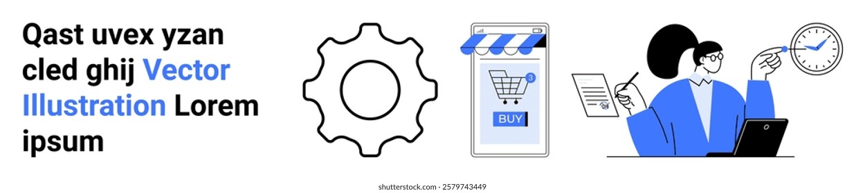 Visual of business strategy and e-commerce elements with a woman using a laptop. Ideal for business, e-commerce, strategy, teamwork, technology. Banner for landing page