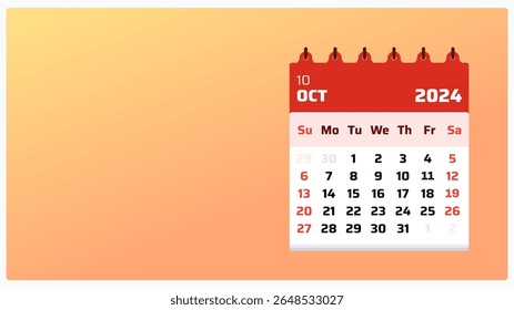 Modelo de calendário visual outubro de 2024. Paisagem do calendário laranja. Calendário de outubro de 2024. Fim de semana de 2024 começa domingo. Layout de mídia para post ou folheto. Ilustração de estilo de vetor