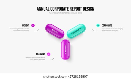 Diseño de presentación de diapositivas de infografía de la opción de Visual Campaign 3. Solución de consultoría Plantilla de presentación de diagramas de tres elementos. Ilustración vectorial de diseño de marco de Cartera creativa.