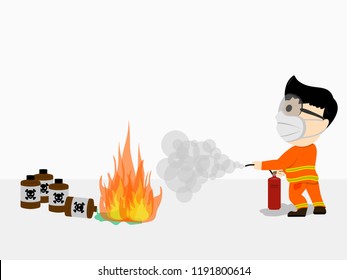 Visual cartoon at fireman in uniform primary firefighters using extinguisher spray by high pressure nozzle from hose for fire fighting in operation from chemical to fire surround with smoke set 2