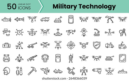 A visual collection of 50 military technology icons, including drones, tanks, and protective gear, showcasing innovation and defense advancements in a modern design.