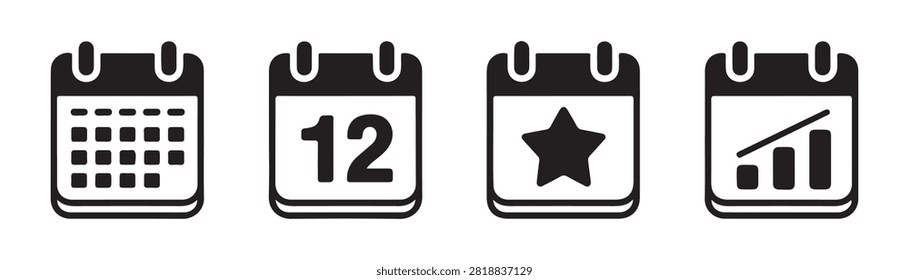 Visual collection of calendar icons featuring monthly grids twelfth day marking stars and upward bar trend charts.