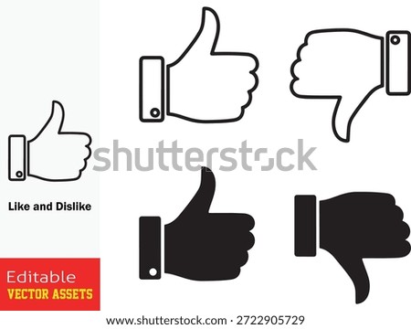 Visual Collection of Contrasting Hand Gestures Representing Positive and Negative Feedback Thumbs Up and Down Outline and Silhouette Icons

This professional graphic set features four distinct hand gesture icons designed to express approval or disapproval in a clean, minimalist style. The collection includes both thin-lined outline representations and bold solid black silhouettes of "Thumbs Up" and "Thumbs Down" gestures. Meticulously arranged, the top row showcases linear art for a subtle look, while the bottom row provides impactful filled versions for clear visual communication. Each icon features a detailed wrist cuff, adding a touch of professional polish. Isolated on a transparent-ready background, these high-quality editable vector assets are ideal for website user interfaces (UI), mobile application feedback systems, social media engagement buttons, and customer satisfaction surveys. Their versatile design ensures they remain sharp and recognizable across all digital and print platforms.

Key Features include
Contrasting Sentiment Icons Includes both positive (Like) and negative (Dislike) indicators to cover all user feedback scenarios.

Dual Design Styles Offers a choice between elegant line-art outlines and high-contrast solid silhouettes for maximum design flexibility.

Modern UI or UX Aesthetic Specifically crafted for digital interaction, ensuring icons are intuitive and universally understood.

Professional Vector Quality Fully scalable and editable EPS file, allowing for effortless adjustment of colors, line thickness, and size without loss of quality.