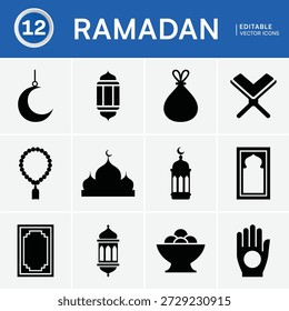 Una colección visual de símbolos icónicos que representan el Ramadán y la cultura islámica, perfecta para proyectos de diseño religiosos y festivos.