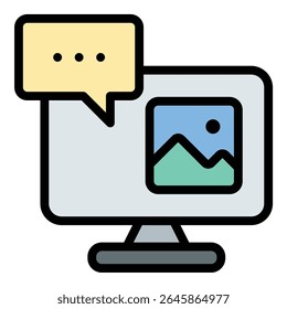 Ícone de comunicação visual ilustração de estilo de linha plana representando o uso de visuais para transmitir mensagens e ideias, adequado para design gráfico, marketing e projetos relacionados à mídia