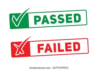 Visual comparison of approval and disapproval with distinct green 'PASSED' and red 'FAILED' stamps. Each stamp features a corresponding checkmark or cross symbol for clear indication of outcome.