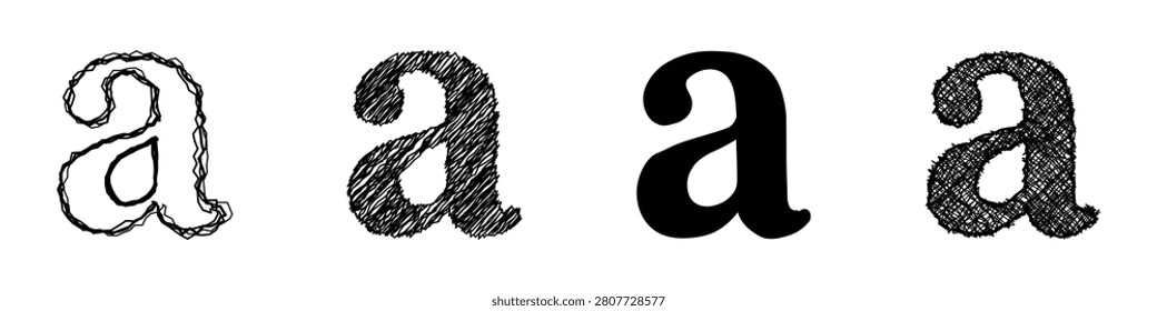 A visual comparison of four different artistic renditions of the lowercase letter 'a', showcasing varied textures and outlines