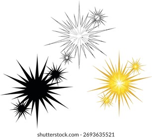 A visual comparison of a starburst design presented in three styles: a delicate line drawing, a bold black silhouette, and a bright, glowing yellow illustration.