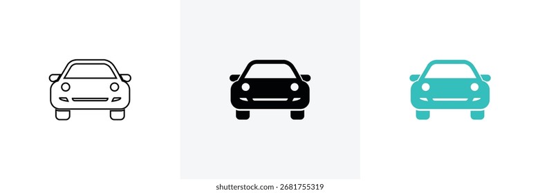 A visual comparison of three car icons: outline, solid black, and solid teal, presented side by side on a white background.