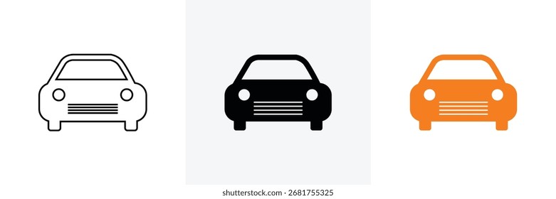 A visual comparison of three car icons: a line drawing, a solid silhouette, and a vibrant orange graphic.