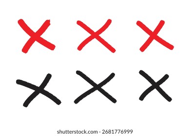 A visual comparison of three hand-drawn red X marks and three hand-drawn black X marks against a clean white background.