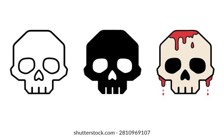 A visual comparison of three skull icons, showcasing different artistic styles from simple line art to a graphic silhouette and a gory depiction