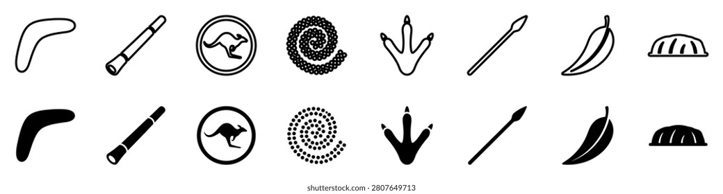 A visual compilation of iconic Australian Aboriginal symbols including a boomerang, didgeridoo, kangaroo, spiral, footprint, spear, and Uluru