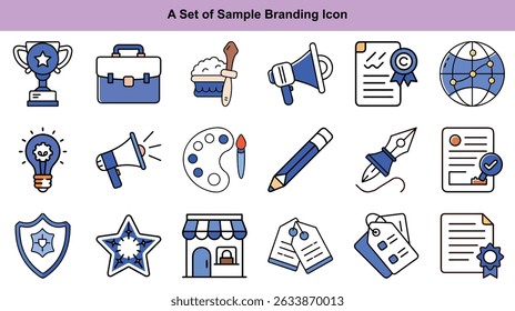 Visual compilation presents several outline icons for brand identity and design, displaying tools, awards, business signs, and elements for branding across different industries,