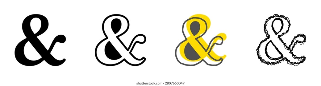 A visual compilation showcasing the ampersand character in four unique artistic interpretations, from solid black to outlined and textured designs