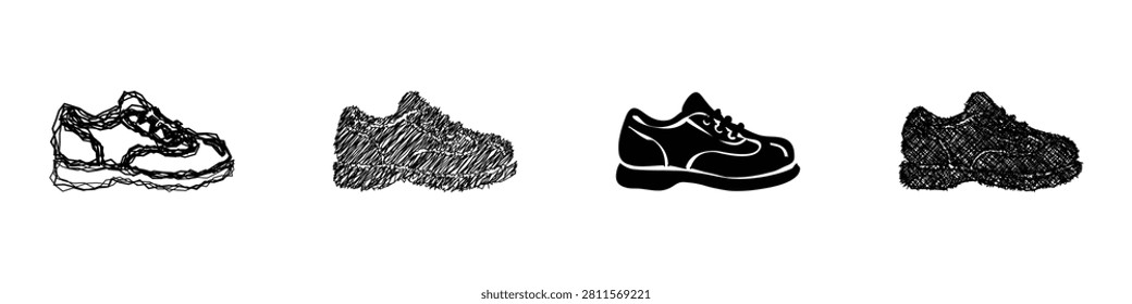 A visual compilation showcasing a shoe rendered in four distinct artistic styles, from sketch to silhouette