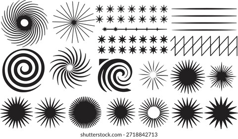 Visual compilation shows black abstract vectors, including spiraling swirls, radiant stars, simple lines, and zigzag patterns, perfect for creative projects with a transparent background.