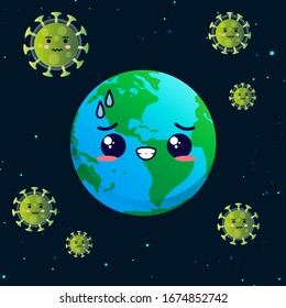  Concepto de virus corona. mundo o tierra poner máscara para luchar contra COVID-19. Concepto de lucha contra el virus. Muchos ataques de virus aislados. Cara de conmoción al estilo lindo.