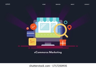 Visual concept of eCommerce marketing, Online Shopping technology, eCommerce app, Digital Shopping - vector illustration, landing page template with icons