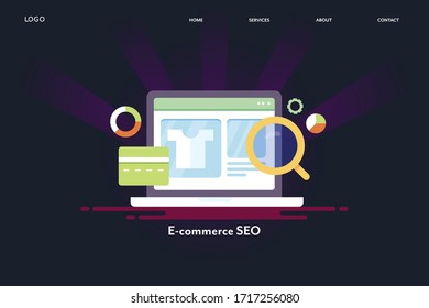 Visual concept of eCommerce SEO, Searching online products, Seo for eCommerce website - vector illustration, landing page template with icons
