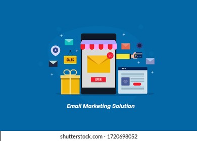 Concepto visual de marketing por correo electrónico, solución digital, aplicación de marketing por correo electrónico, marketing móvil - banner de ilustración conceptual vectorial con iconos