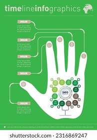 Concepto visual. Infografía de tecnología o proceso educativo con 12 partes. Infografía con silueta de mano humana sobre fondo verde.