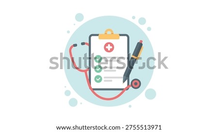A visual concept representing health forms, patient records, and doctor appointments with a clipboard, stethoscope, and pen.