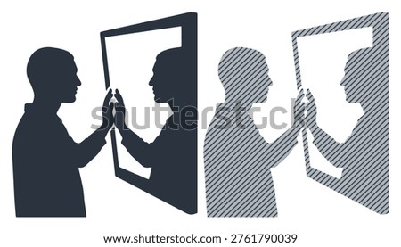 Visual concept of self reflection, identity search, dual style graphics, profile view.