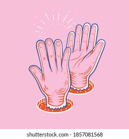 The visual concept of teamwork and high-five hand gestures with gloves on. Cleanliness/hygienic team effort, health effort/cooperation, good effort in staying healthy. Ready to use design