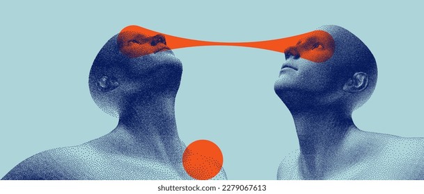 Visual contact. Two opponents facing each other. People talk face to face. Illustration of the communication between two humans in form of telepathy. Mind reading concept. Battle with yourself