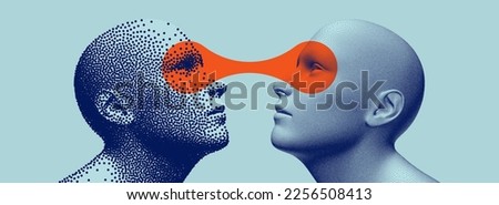Visual contact. Two opponents facing each other. People talk face to face. Illustration of the communication between two humans in form of telepathy. Mind reading concept. Battle with yourself 商業照片 © 