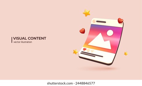 Visual Content concept. Realistic 3d design of Video Content Creating, Digital Video Advertising and Media Marketing. 3D Vector illustration in cartoon minimal style.