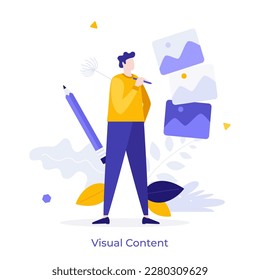 Visual Content flat concept vector illustration. Digital artist drawing images for websites. Graphic designer character on white for web design. Creative idea for website, mobile and presentation