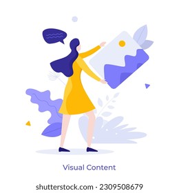 Ilustración vectorial de concepto plano de contenido visual. Artista con burbuja de habla presenta imagen. Escena para el personaje de dibujos animados digitales. Idea creativa para sitio web, móvil y presentación