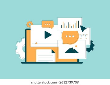 Visual content marketing - using modern design, video, icons and images to boost brand identity, customer retention and message clarity. Visual content marketing dashboard vector illustration and icon
