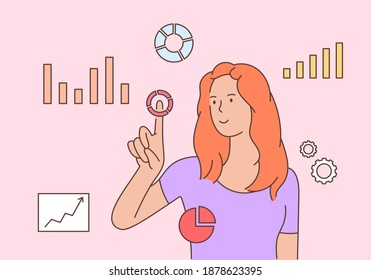 Visual data analytics diagrams concept. Young Smart business woman analyzing data on Projection Screen. Flat vector illustration
