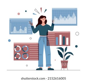 Visual data concept. Girl works with graphs and diagrams. Analyst evaluates information about development of company. Program convenient application, digital world. Cartoon flat vector illustration