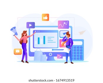 Visual data marketing - Business data,women and man, Data driven marketing flat vector illustration