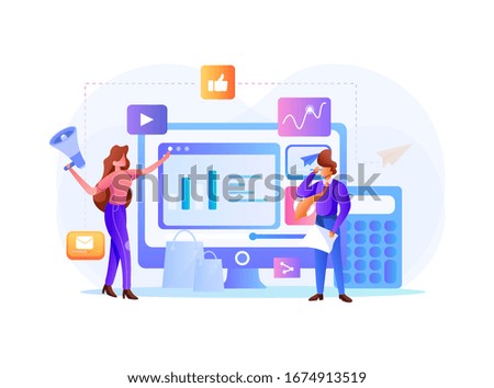 Visual data marketing - Business data,women and man, Data driven marketing flat vector illustration