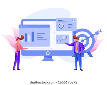 Visual data marketing - Business data, Illustration of marketing data. Digital analysis, the concept of social profit, monitor, arrow board, a business man with a blue background.