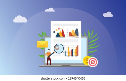 Visual Data Marketing Concept With Business Man People With Magnifying Glass Analyze Data Graph And Chart Finance On Paper Document - Vector Illustration