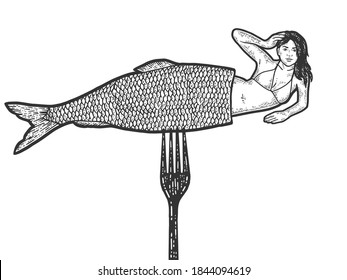 Visual deception, woman with herring. Mermaid on a fork. Engraving vector illustration.