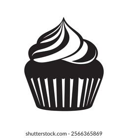 

A Visual Delight of a Perfectly Frosted Cupcake in Black and White isolated on white background illustration