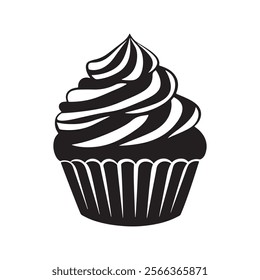 

A Visual Delight of a Perfectly Frosted Cupcake in Black and White isolated on white background illustration