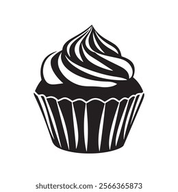 

A Visual Delight of a Perfectly Frosted Cupcake in Black and White isolated on white background illustration