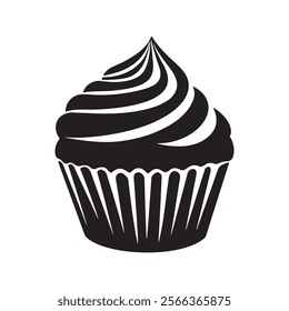 

A Visual Delight of a Perfectly Frosted Cupcake in Black and White isolated on white background illustration