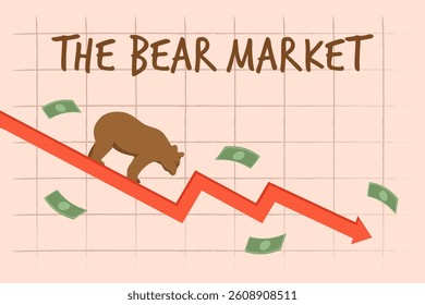 Visual depiction of a bear market. A bear on a downward trend line. Financial crisis and falling money. Vector illustration.