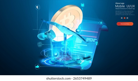Uma representação visual das transações de criptomoedas mostrando elementos como tecnologia blockchain, pagamentos seguros e interfaces de aplicativos. O cenário é futurista, retratando ferramentas digitais avançadas.