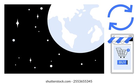 A visual with a depiction of Earth, stars in space, recycling arrows, and an online shopping cart with a buy button. Ideal for e-commerce, global marketing, sustainability, technology, and online
